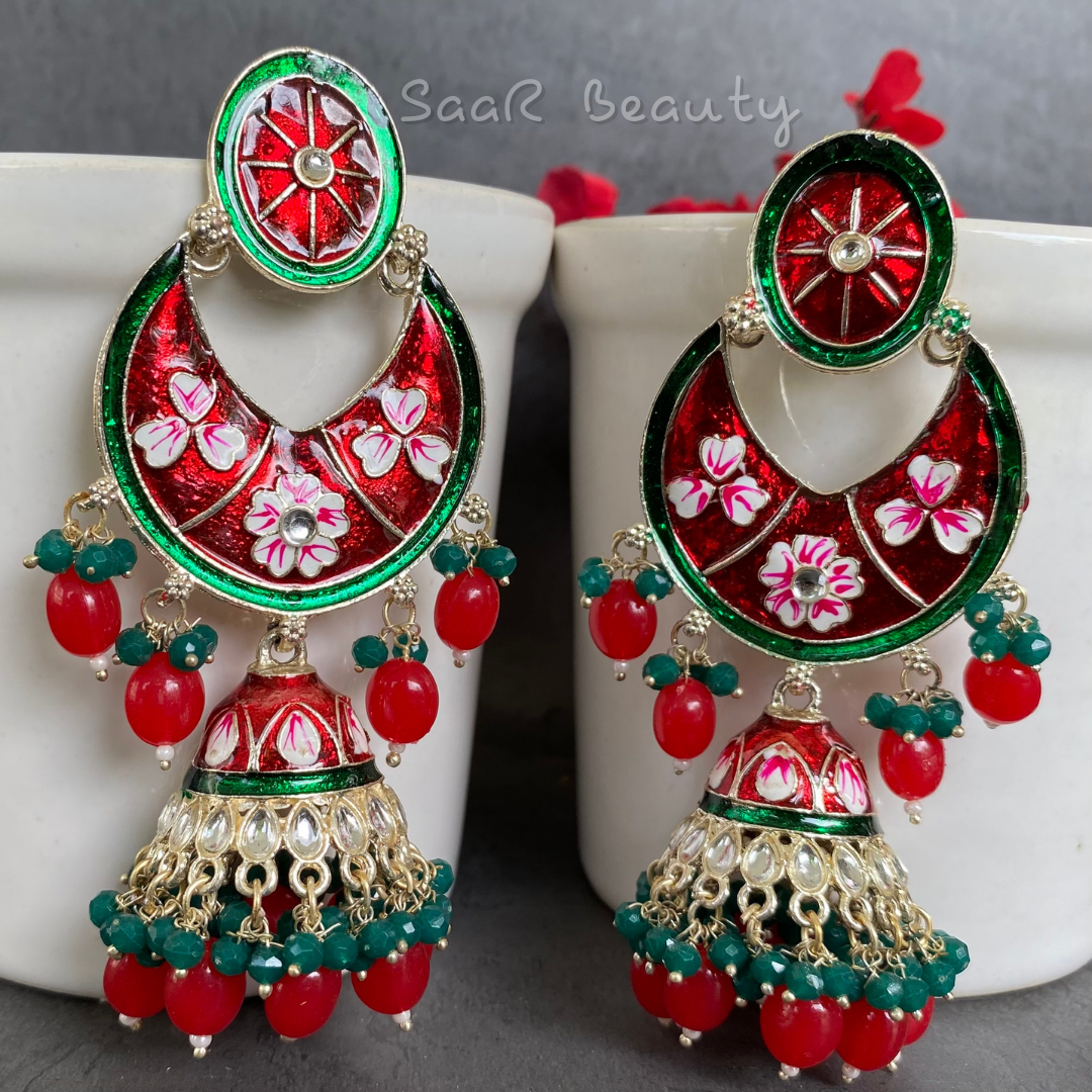 MEENAKARI RAAS PRIYA LARGE JHUMKA - BRIGHT RED