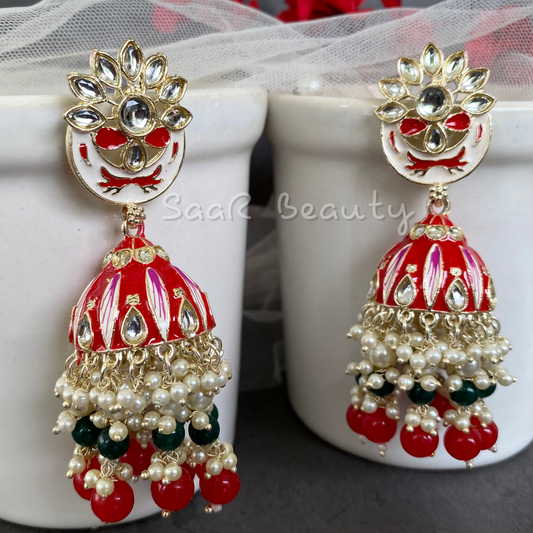 MEENAKARI VISHAKHA JHUMKA EARRINGS - BRIGHT RED