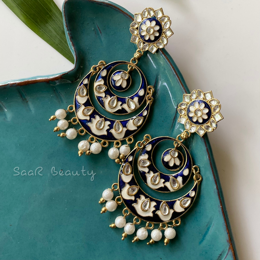 MEENAKARI DO CHAND BALIYA EARRINGS-NAVY BLUE