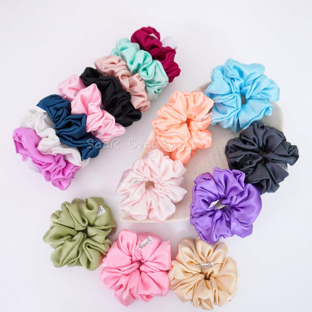 Japanese Silk Satin Scrunchie Combo with Hair Tight Saar Beauty Pouch – Perfect Hair Accessory Gift
