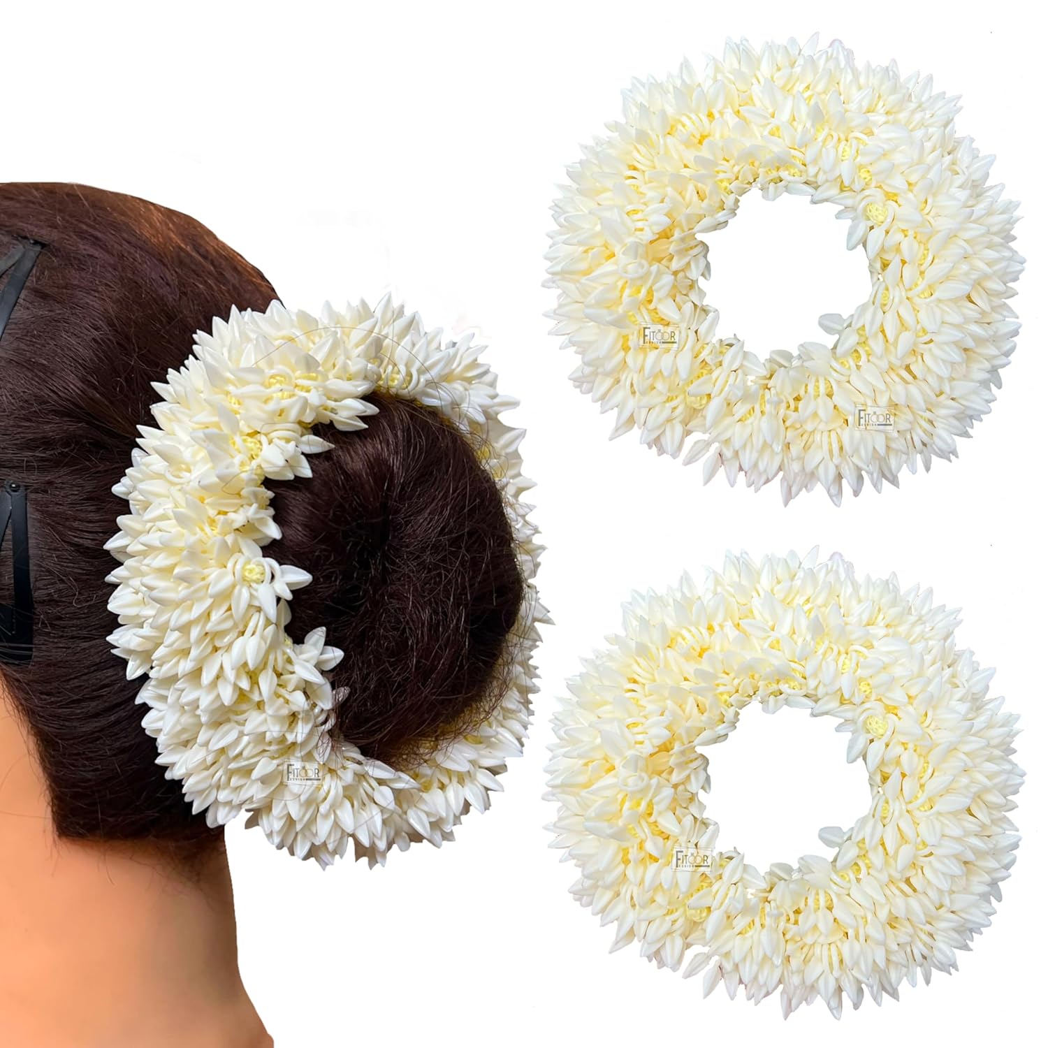 Shop the Traditional Gajra Scrunchie for weddings and festive occasions. This artificial floral accessory offers a realistic jasmine look, perfect for bun hairstyles and bridal ceremonies.