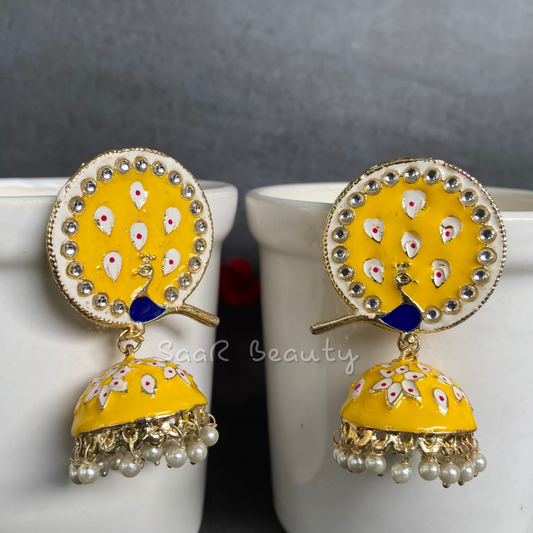 MEENAKARI DEVKI LARGE JHUMKA EARRINGS - YELLOW