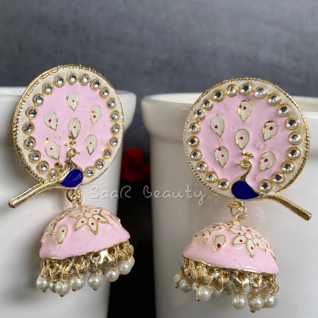 MEENAKARI DEVKI LARGE JHUMKA EARRINGS - BABY PINK