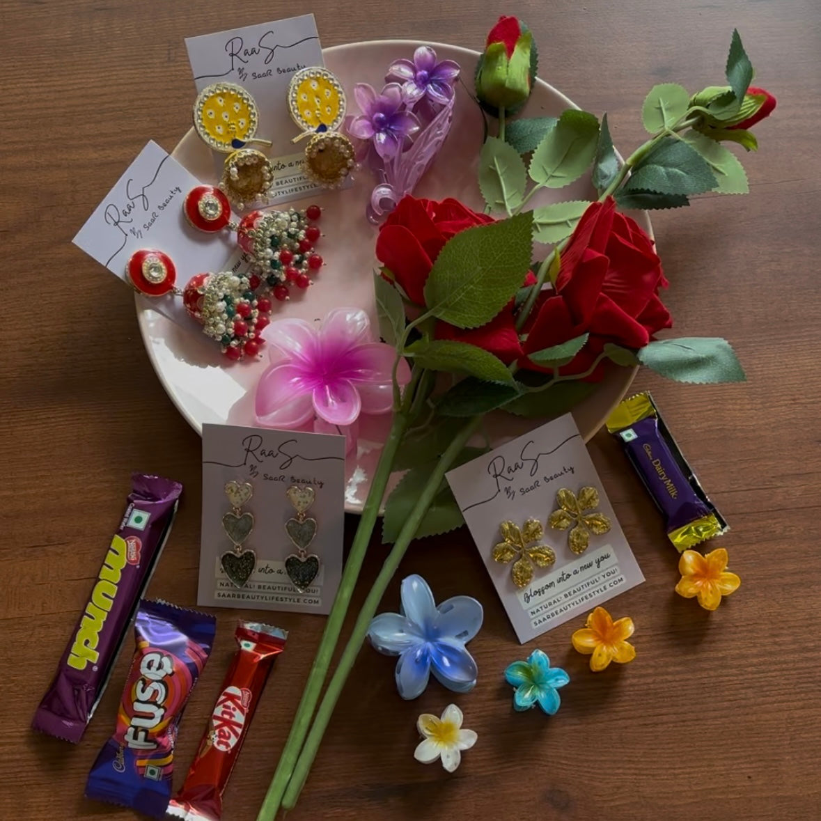Jewelry & Hair Accessory Surprise Bouquet with Jhumkas, Western Earrings, Hair Clutchers, Artificial Roses & Chocolates – Perfect Gift for Women