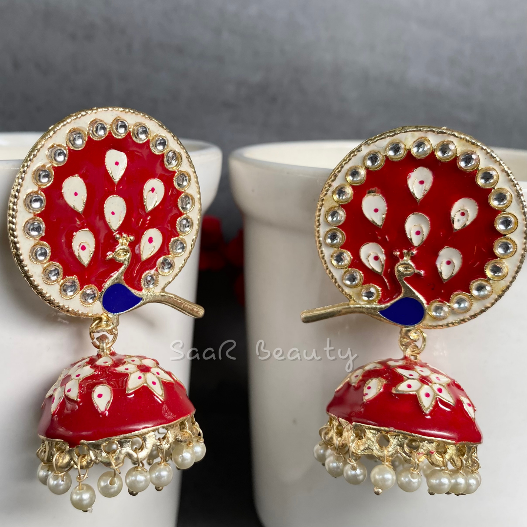 MEENAKARI DEVKI LARGE JHUMKA EARRINGS - DEEP RED