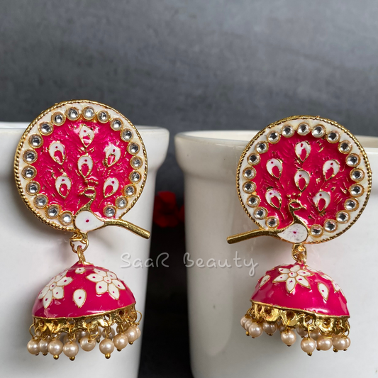 MEENAKARI DEVKI LARGE JHUMKA EARRINGS - DEEP PINK