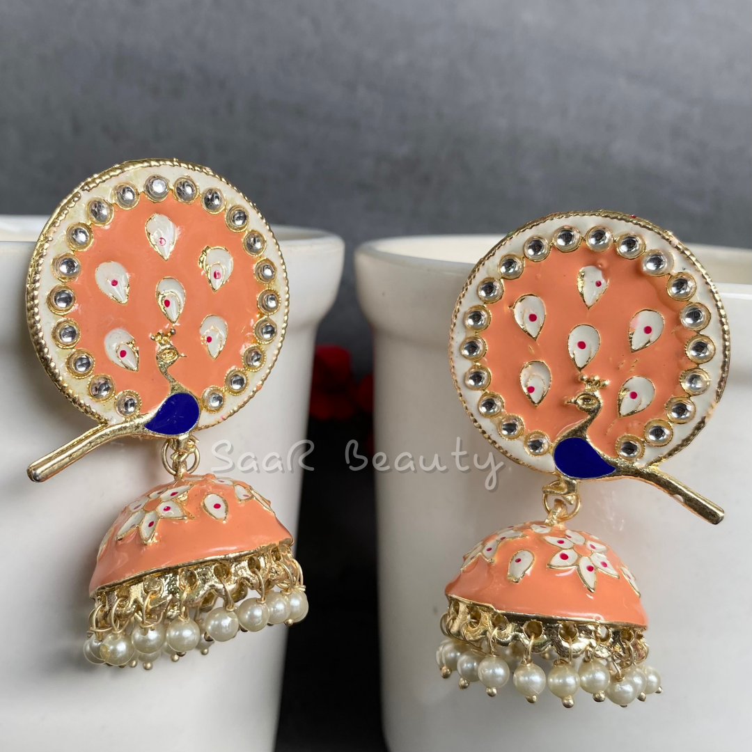 MEENAKARI DEVKI LARGE JHUMKA EARRINGS - DEEP PEACH