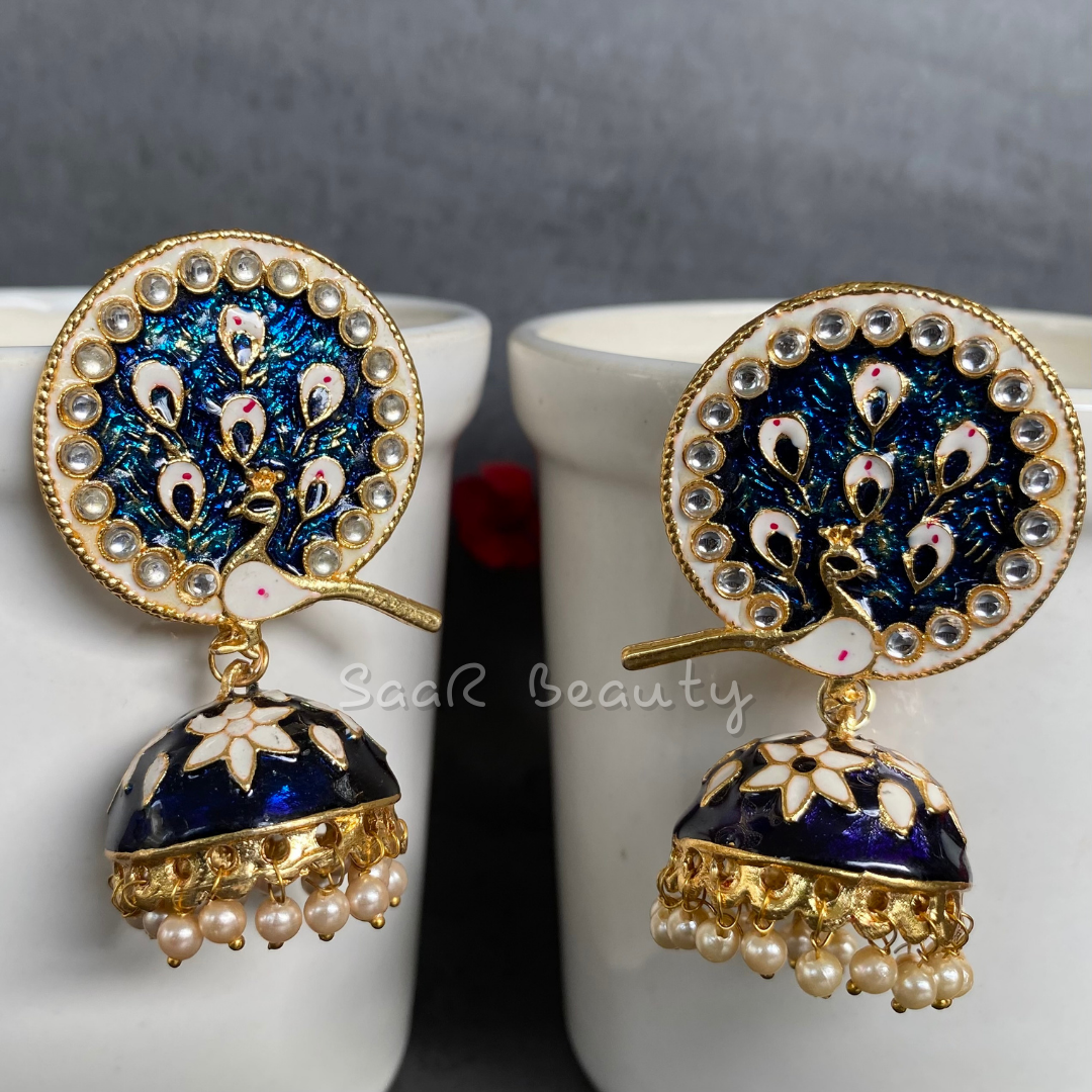 MEENAKARI DEVKI LARGE JHUMKA EARRINGS - POLISHED BLUE