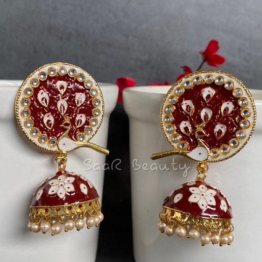 MEENAKARI DEVKI LARGE JHUMKA EARRINGS - MAROON