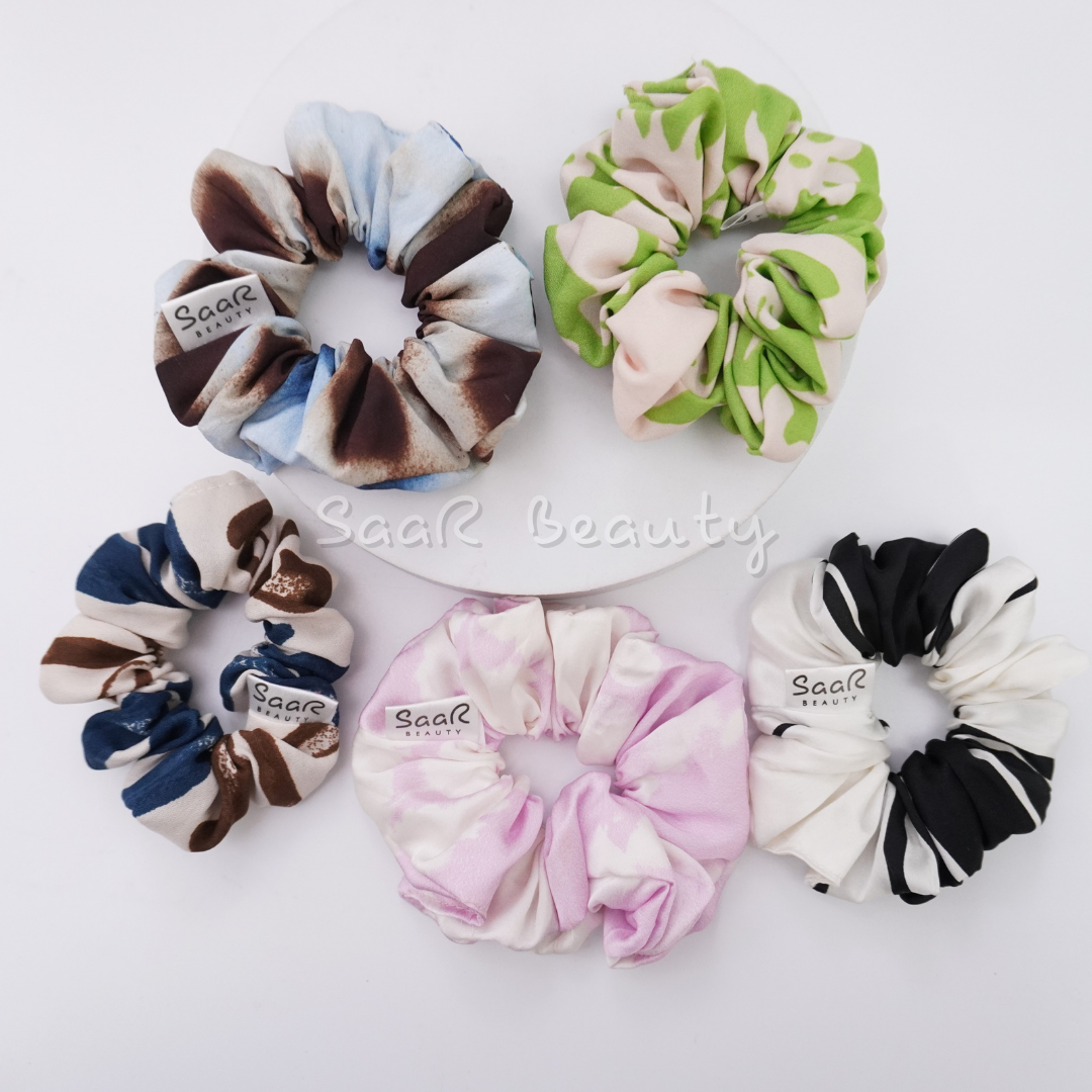 Soft Cotton & Satin Medium Scrunchies Combo of 5 – Pink, Black, Green & Multicolor