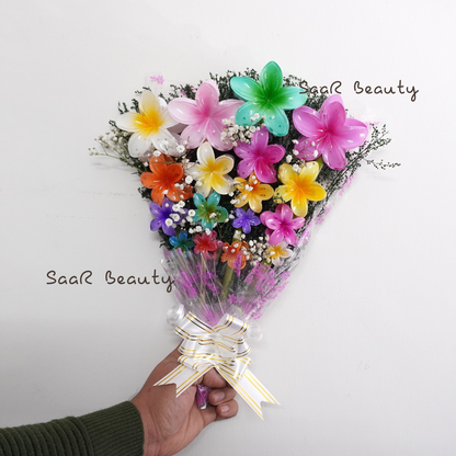 Flower claw clip set by SaaR Beauty, featuring large, medium, small, and mini floral hair claw clips with scrunchies and airtight pouches for safe storage. Perfect for gifting and everyday use.