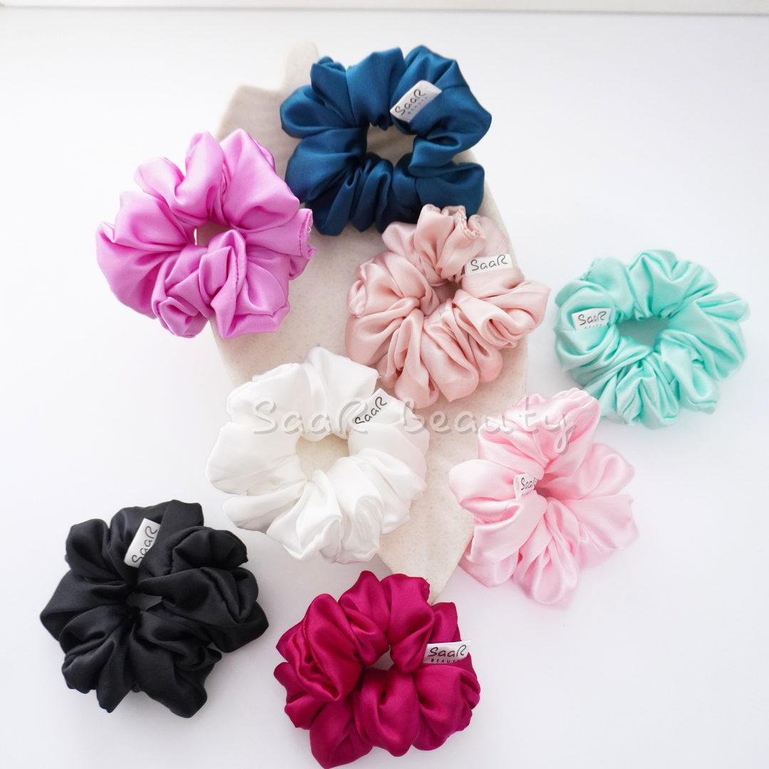 Japanese Silk Satin Scrunchie Combo with Hair Tight Saar Beauty Pouch – Perfect Hair Accessory Gift