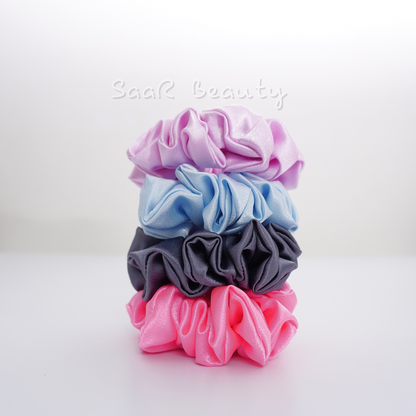 Pastel Fluffy Satin Scrunchies for All Hair Types – Luxurious, Soft, and Durable by SaaR Beauty Set of 4 with SaaR Pouch