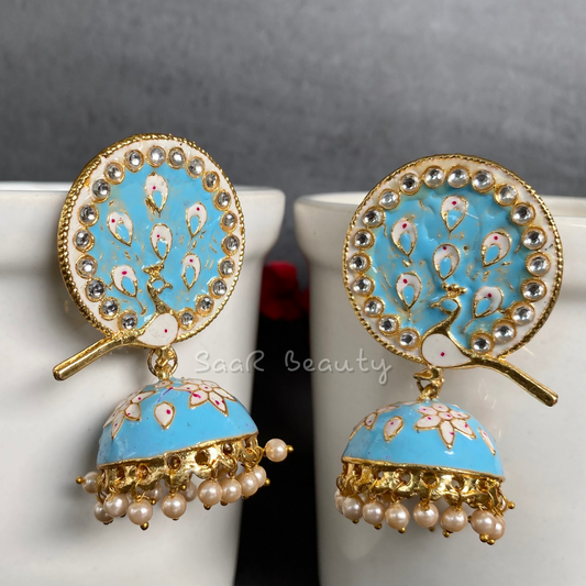 MEENAKARI DEVKI LARGE JHUMKA EARRINGS - SKY BLUE