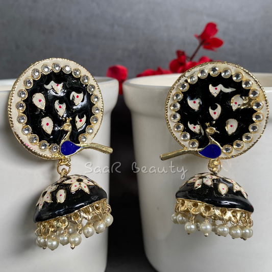 MEENAKARI DEVKI LARGE JHUMKA EARRINGS - BLACK