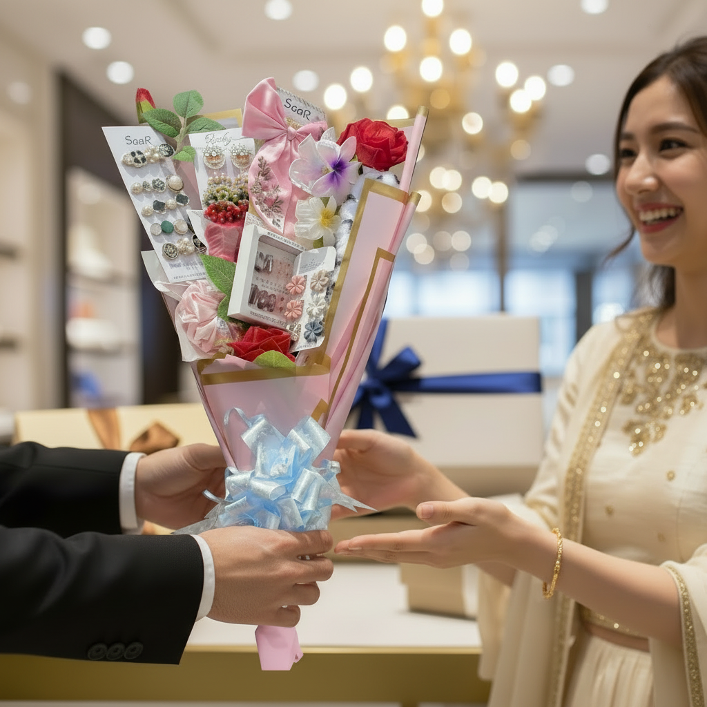 Saar Beauty Handmade Gift Bouquet with Clutches, Jewelry, and Makeup Band – Perfect Surprise