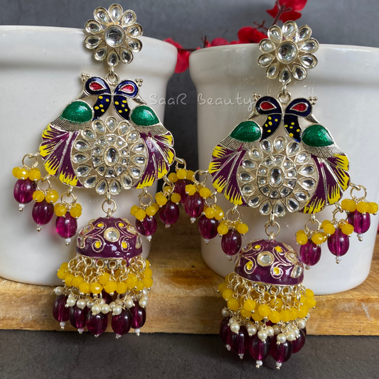 MEENAKARI VISHNU PRIYA LARGE JHUMKA EARRINGS - MARRON YELLOW