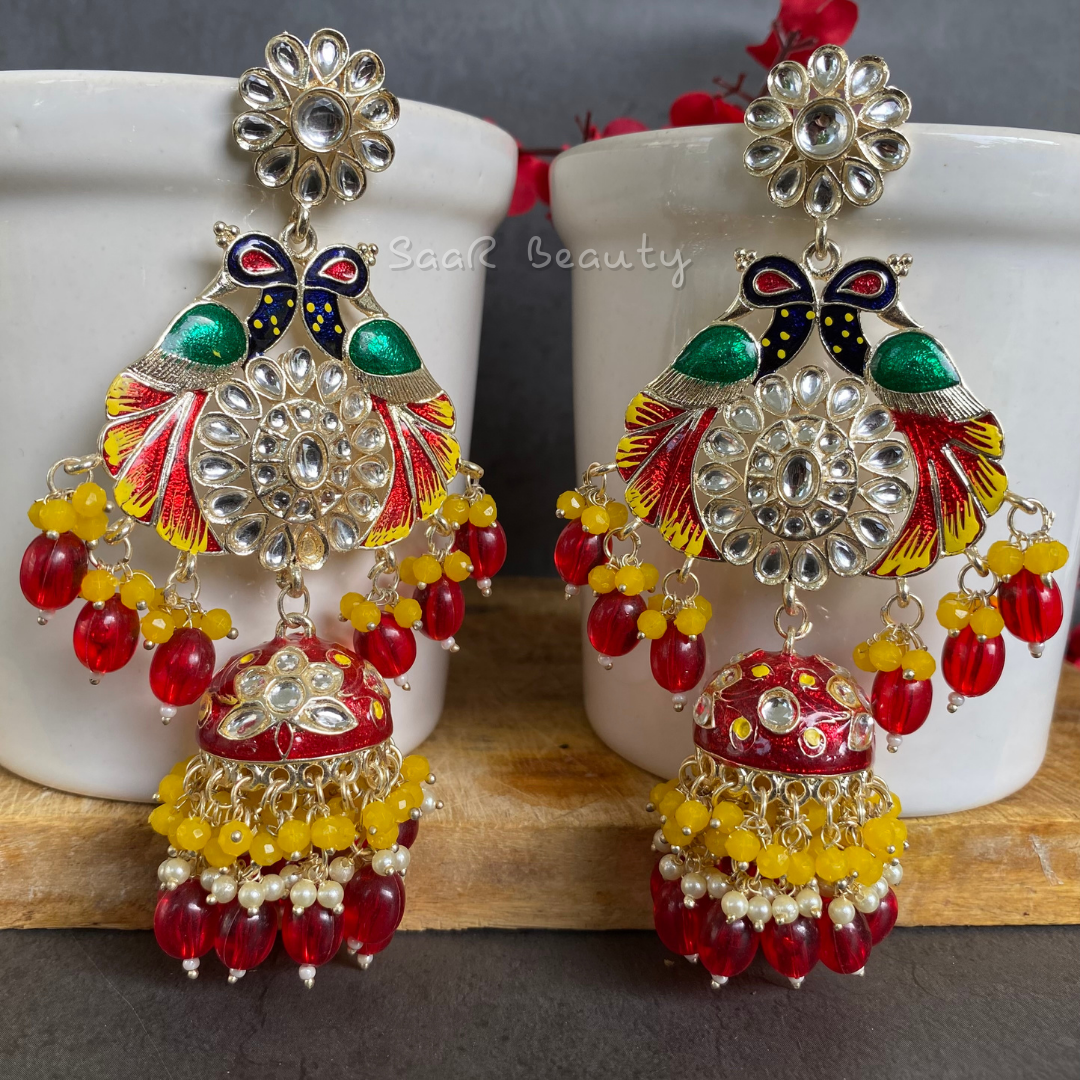 MEENAKARI VISHNU PRIYA LARGE JHUMKA EARRINGS - RED YELLOW