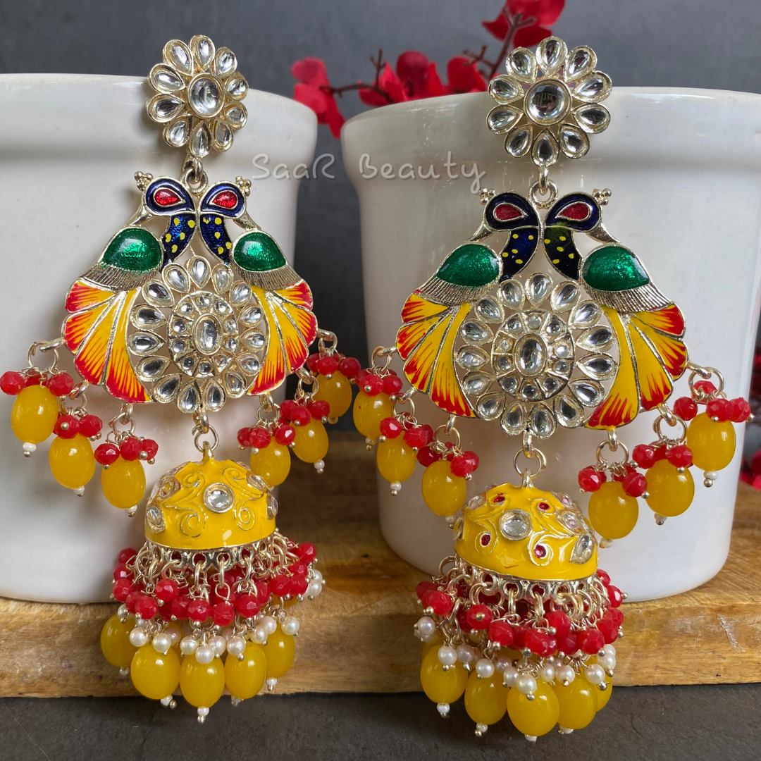 MEENAKARI VISHNU PRIYA LARGE JHUMKA EARRINGS - PURE YELLOW