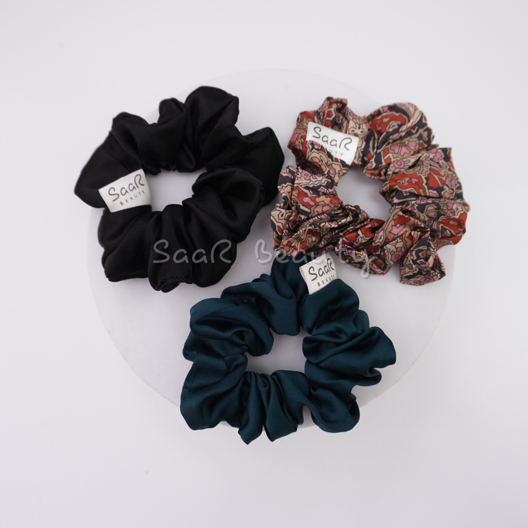 Soft Thick Satin Medium Scrunchies Combo of 3 – Plain Green & Black + 1 Printed