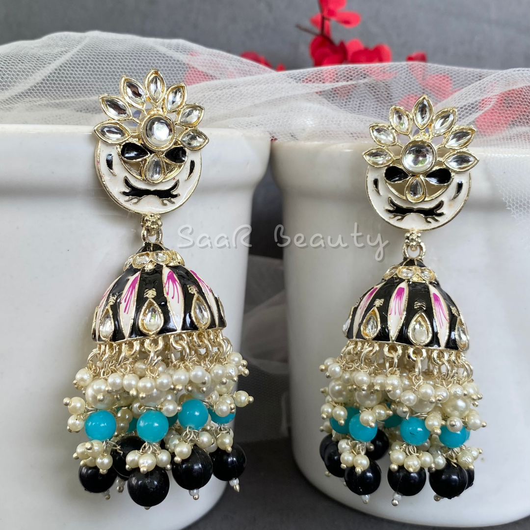 MEENAKARI VISHAKHA JHUMKA EARRINGS - BLACK