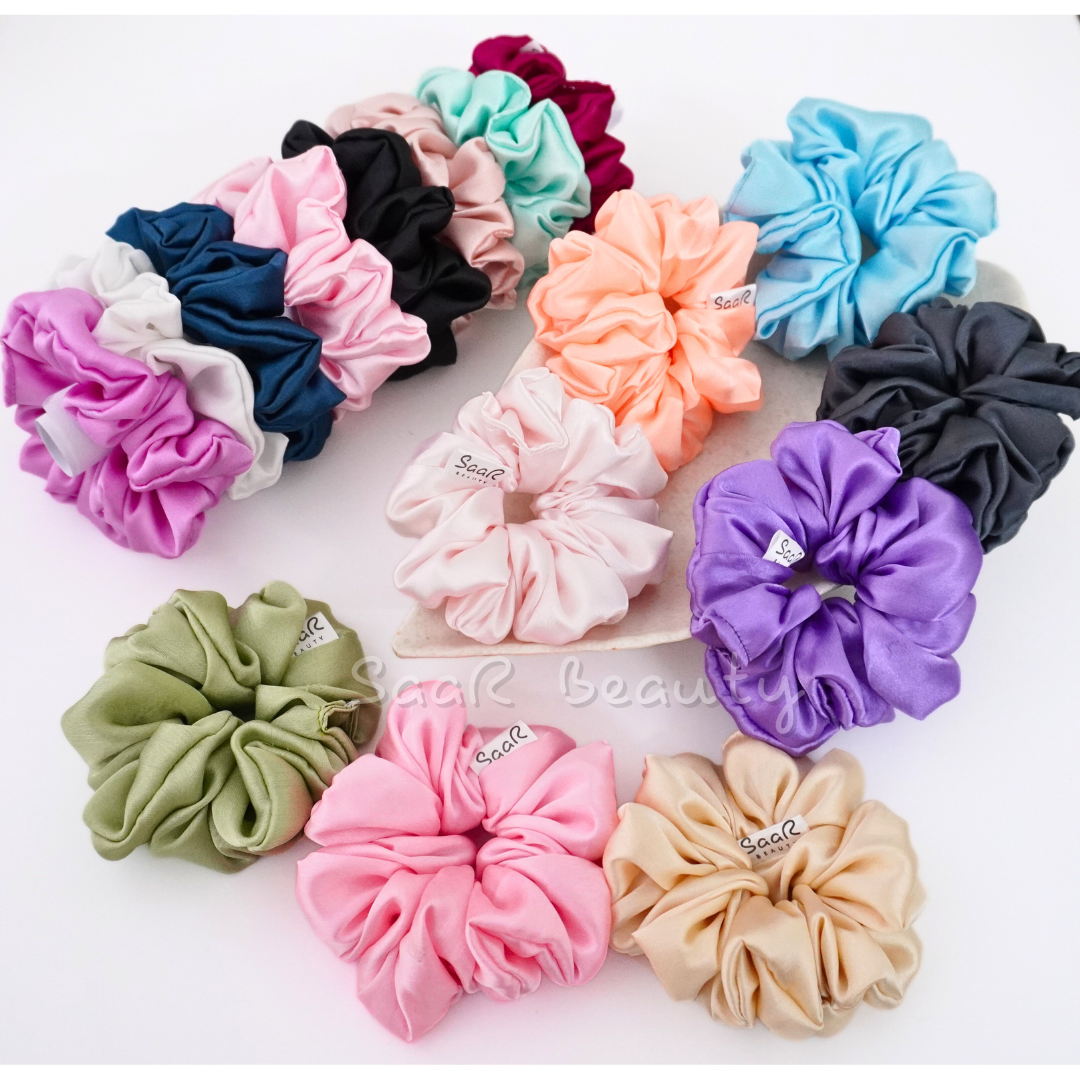 Japanese Silk Satin Scrunchie Combo with Hair Tight Saar Beauty Pouch – Perfect Hair Accessory Gift