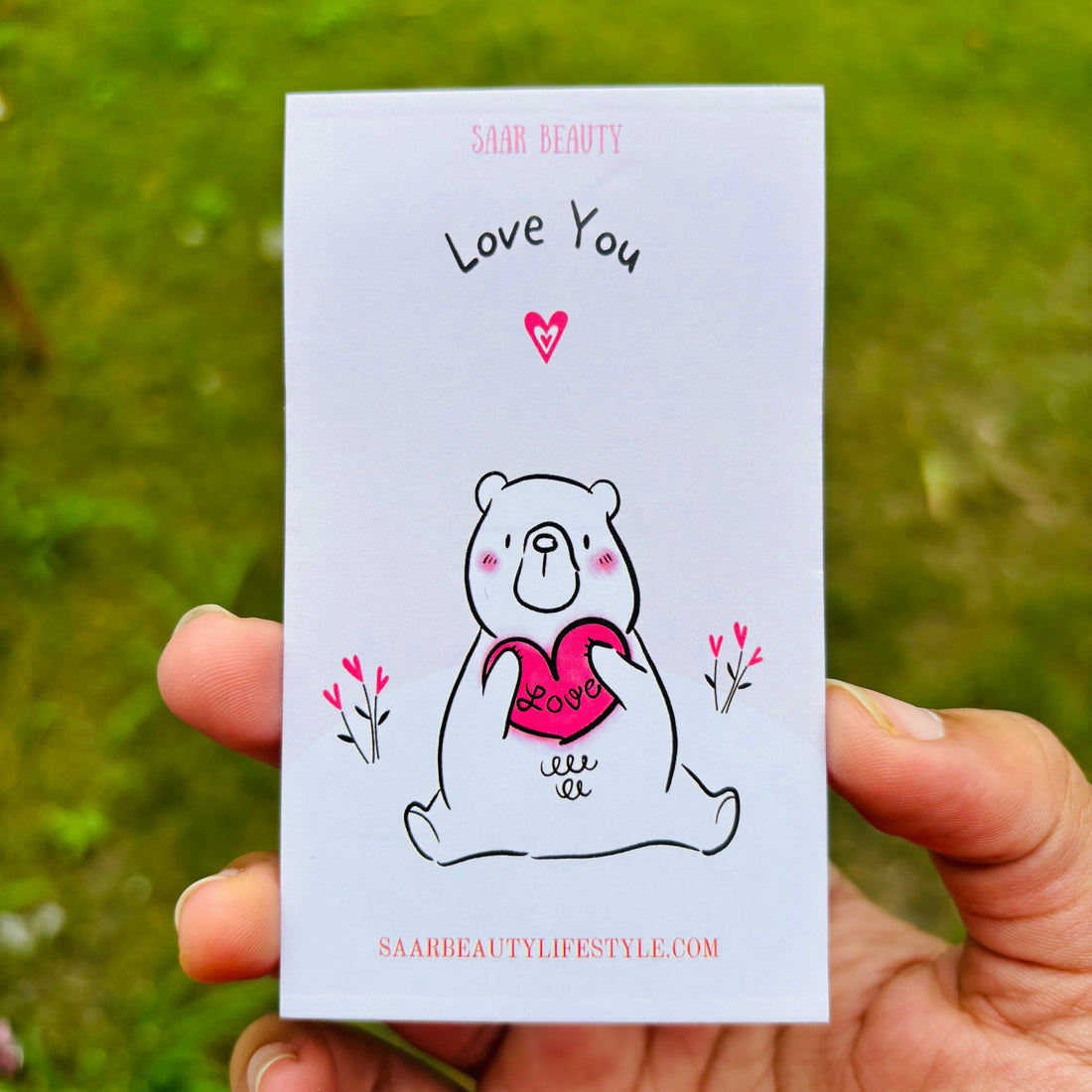 Cute pastel Love You Bear card – Saar Beauty greeting card add-on for hampers and gifts”