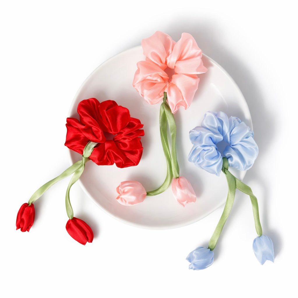 SaaR beauty Tulip Scrunchies for Women – Soft Satin Floral Hair Accessories