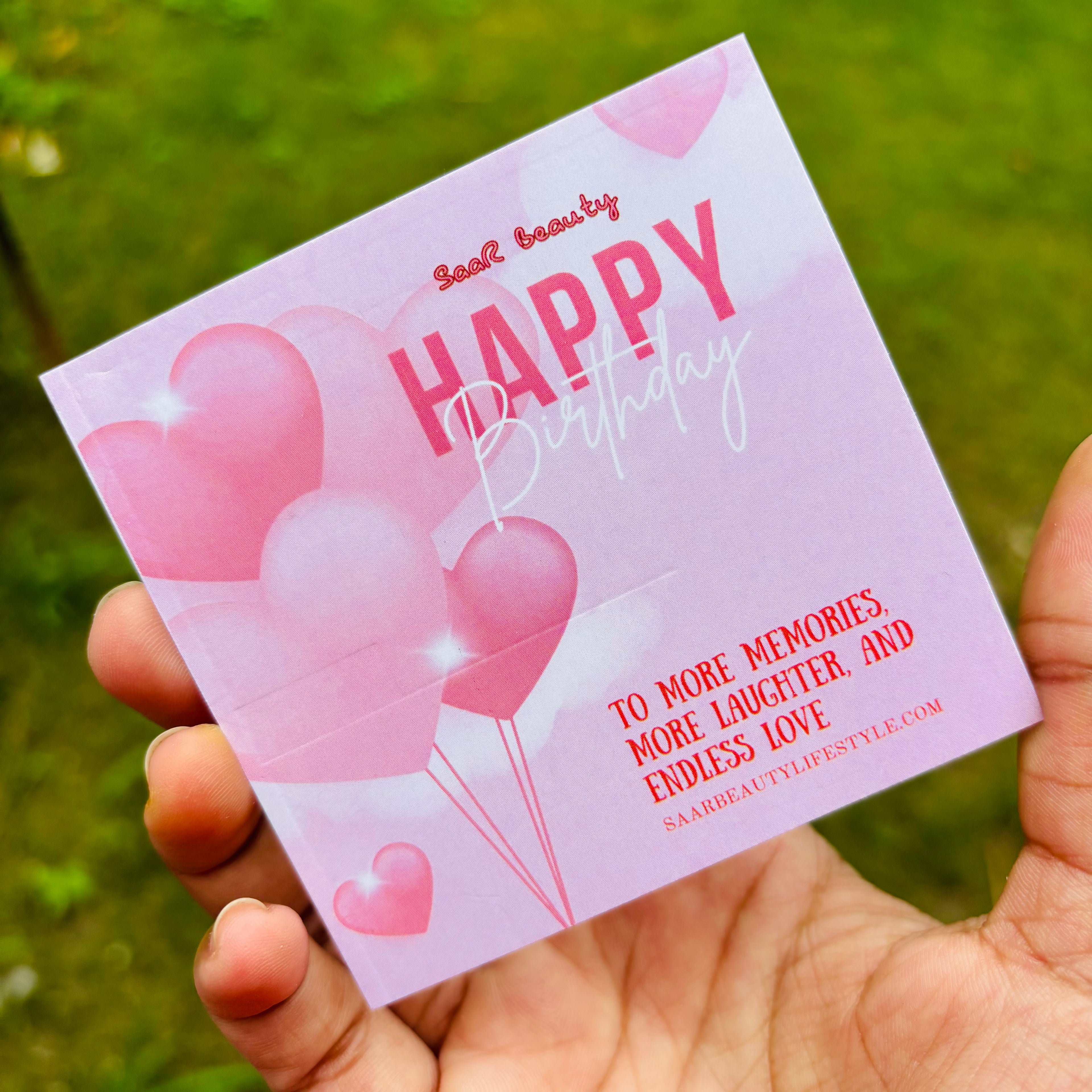 Pink Happy Birthday gift card with balloons – Saar Beauty add-on card for hampers and gifts