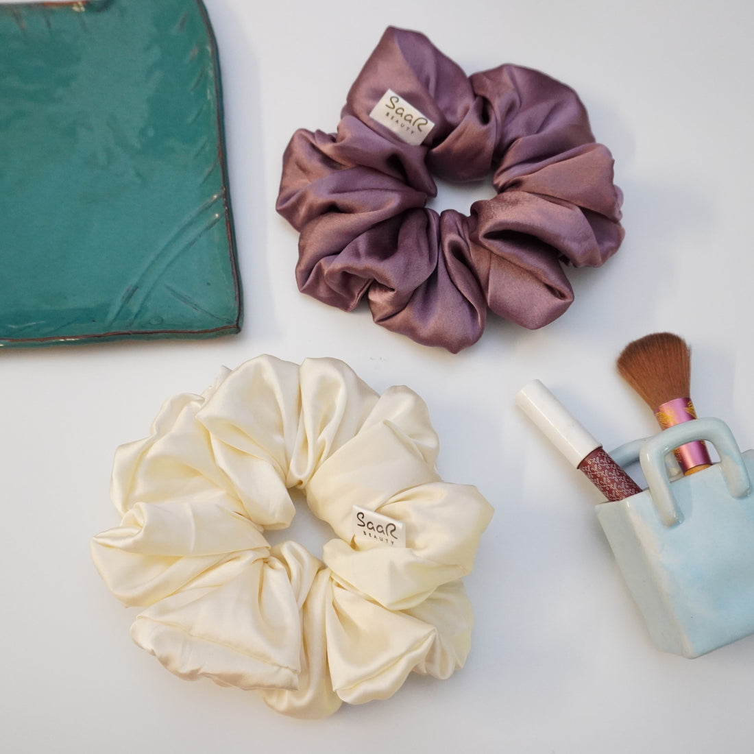 LARGE FLUFFY WHITE AND PURPLE SATIN SCRUNCHIES