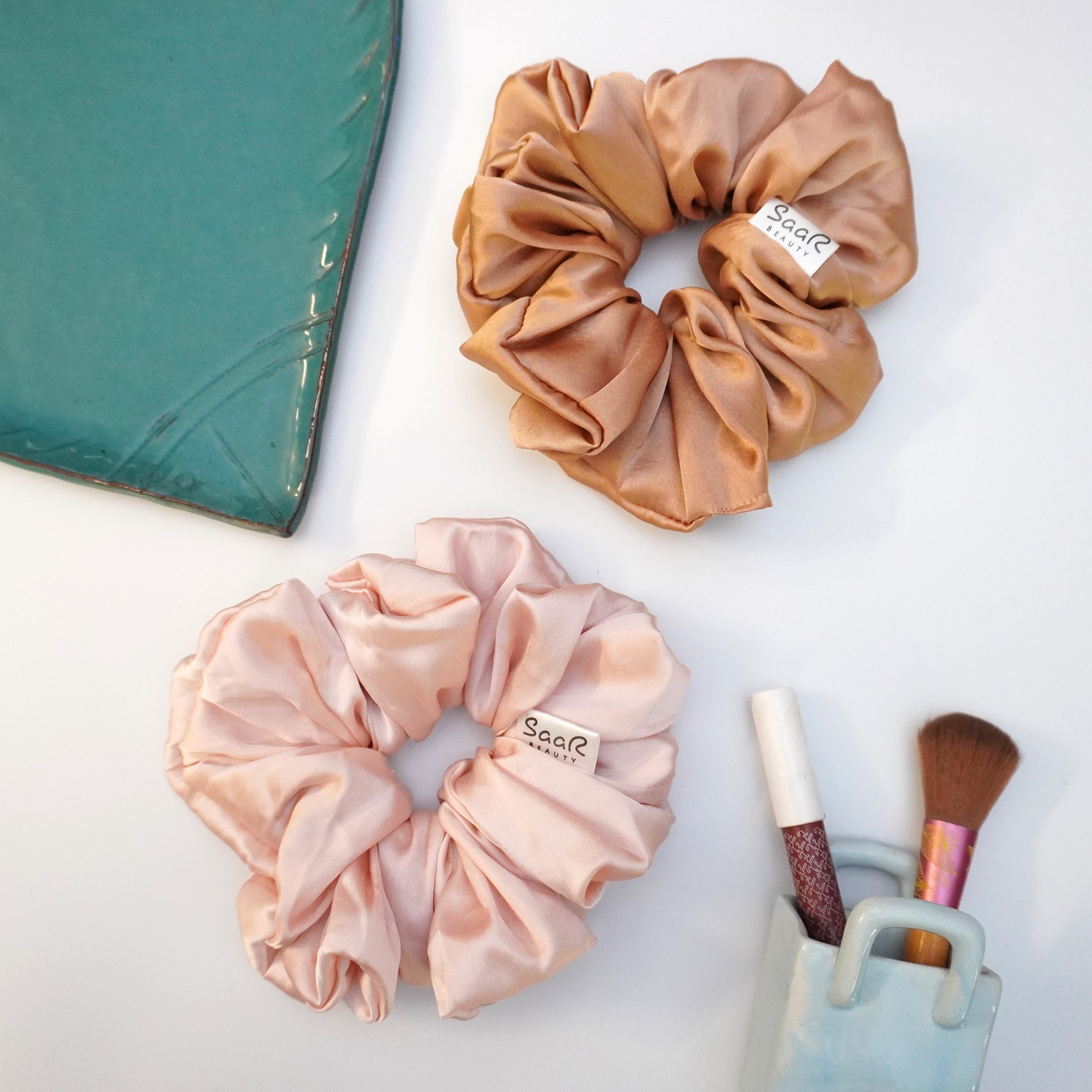 LARGE FLUFFY PEACH AND PINK SATIN SCRUNCHIES