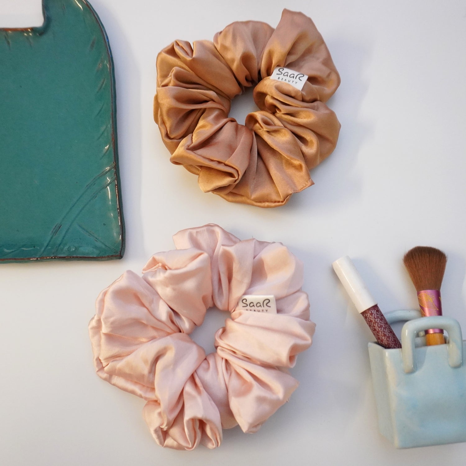 LARGE FLUFFY PEACH AND PINK SATIN SCRUNCHIES