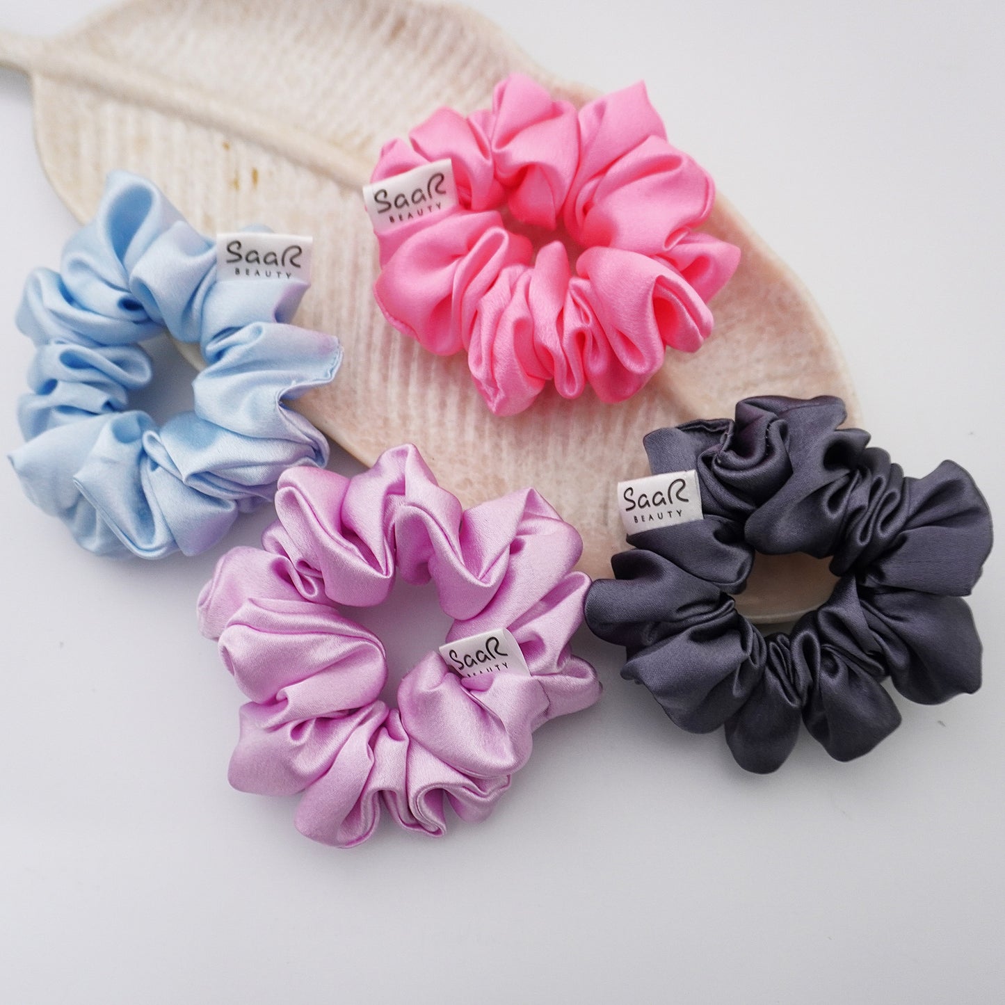 Pastel Fluffy Satin Scrunchies for All Hair Types – Luxurious, Soft, and Durable by SaaR Beauty Set of 4 with SaaR Pouch