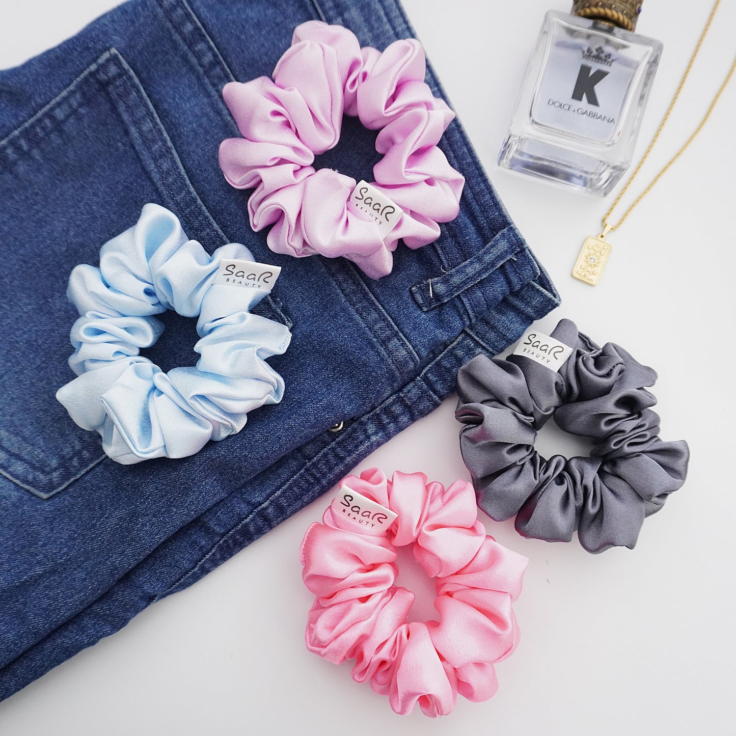 Pastel Fluffy Satin Scrunchies for All Hair Types – Luxurious, Soft, and Durable by SaaR Beauty Set of 4 with SaaR Pouch