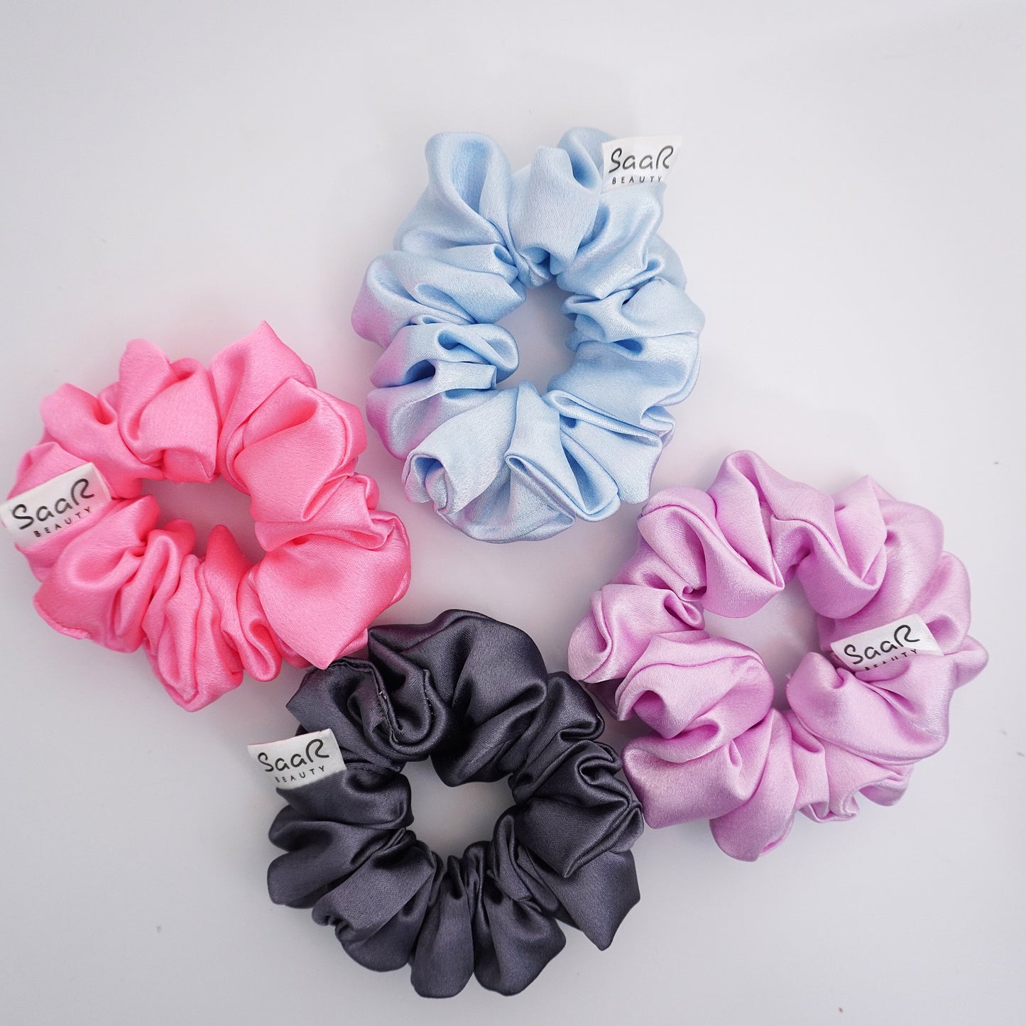 Pastel Fluffy Satin Scrunchies for All Hair Types – Luxurious, Soft, and Durable by SaaR Beauty Set of 4 with SaaR Pouch