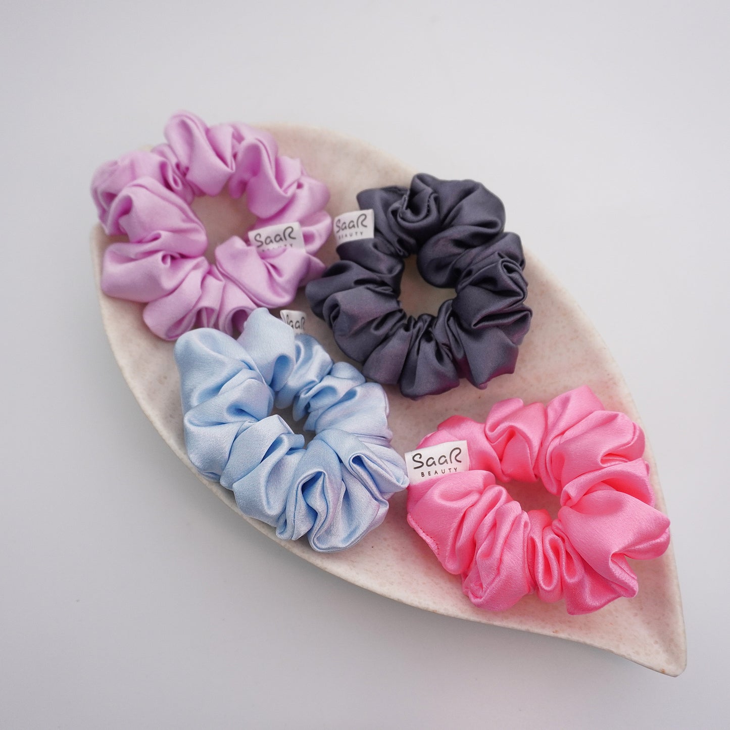 Pastel Fluffy Satin Scrunchies for All Hair Types – Luxurious, Soft, and Durable by SaaR Beauty Set of 4 with SaaR Pouch