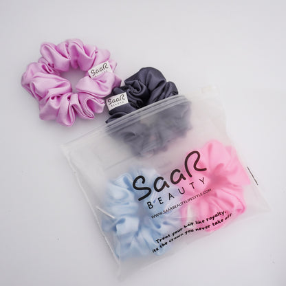 Pastel Fluffy Satin Scrunchies for All Hair Types – Luxurious, Soft, and Durable by SaaR Beauty Set of 4 with SaaR Pouch