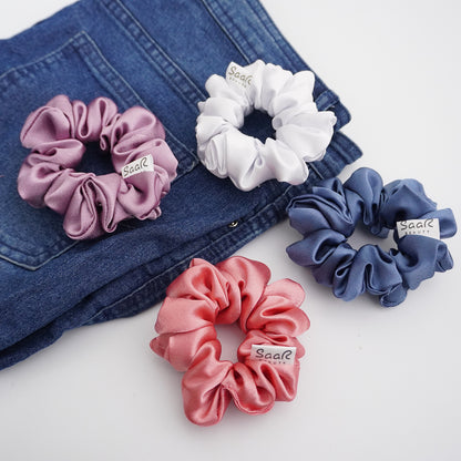 Luxurious Satin Scrunchies by SaaR Beauty – Fluffy, Soft, and Silky for All Hair Types (Set of 4 in White, Blue, Peach, Purple)