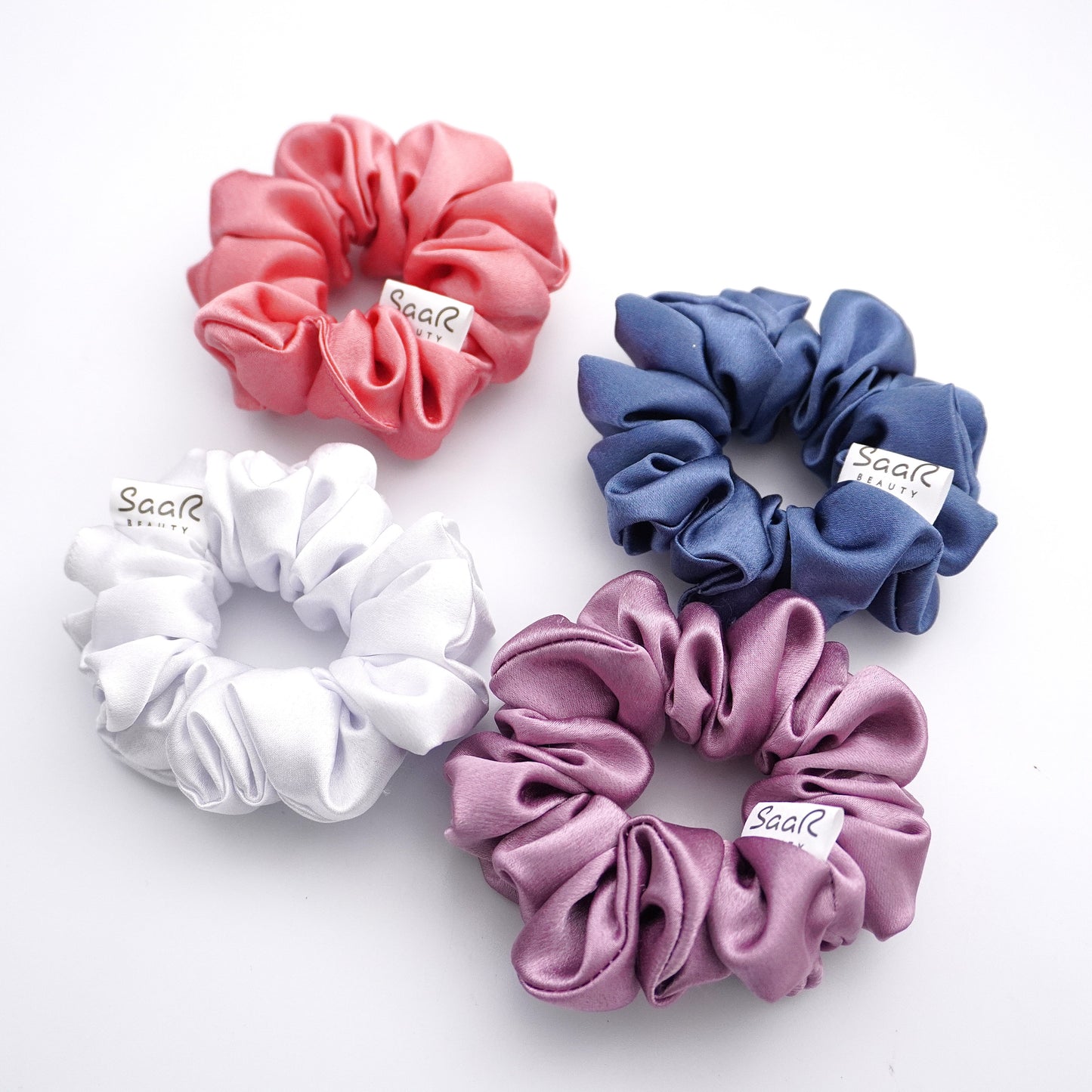 Luxurious Satin Scrunchies by SaaR Beauty – Fluffy, Soft, and Silky for All Hair Types (Set of 4 in White, Blue, Peach, Purple)