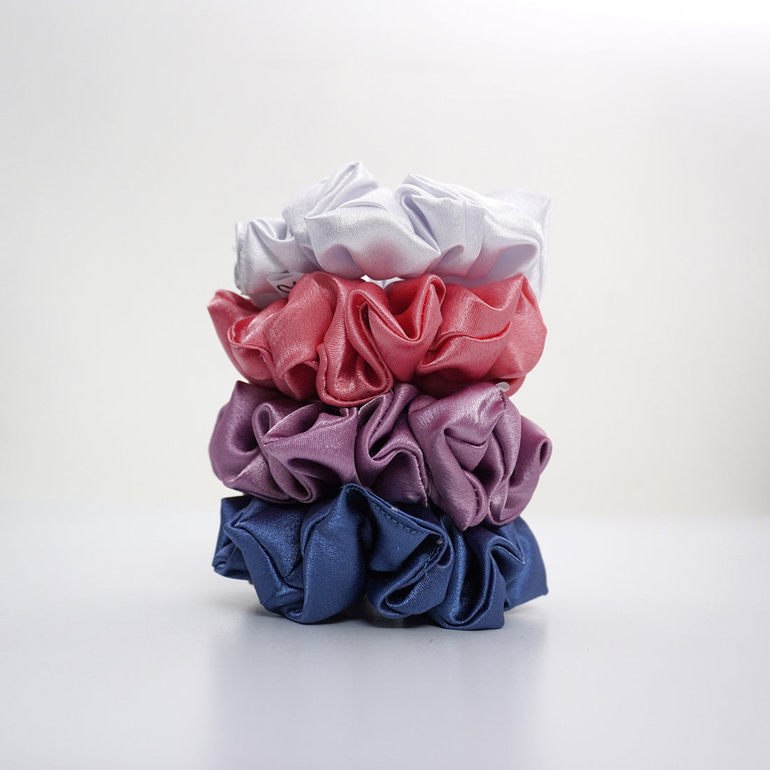 Luxurious Satin Scrunchies by SaaR Beauty – Fluffy, Soft, and Silky for All Hair Types (Set of 4 in White, Blue, Peach, Purple) With SaaR Pouch