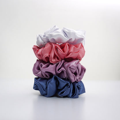 Luxurious Satin Scrunchies by SaaR Beauty – Fluffy, Soft, and Silky for All Hair Types (Set of 4 in White, Blue, Peach, Purple)