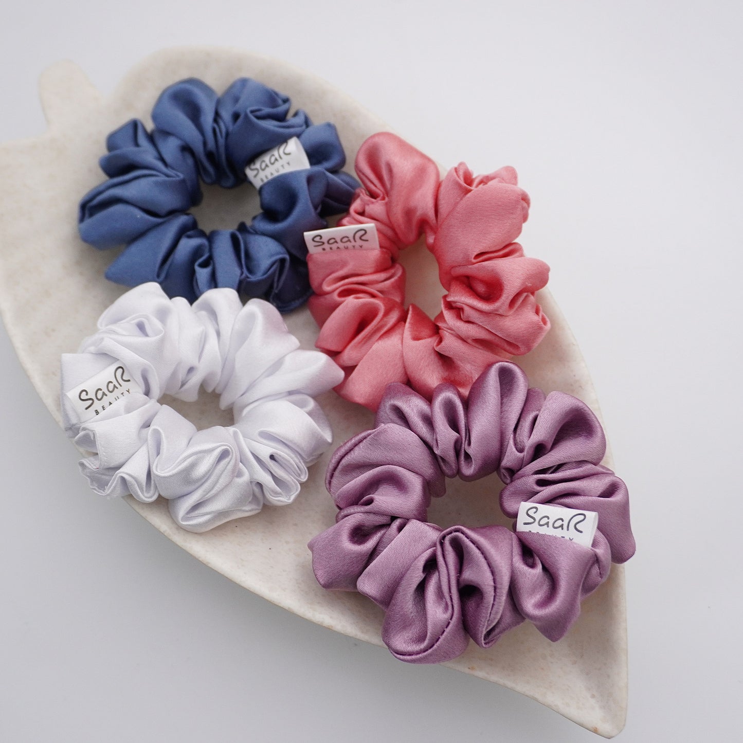 Luxurious Satin Scrunchies by SaaR Beauty – Fluffy, Soft, and Silky for All Hair Types (Set of 4 in White, Blue, Peach, Purple)