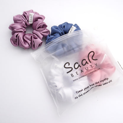 Luxurious Satin Scrunchies by SaaR Beauty – Fluffy, Soft, and Silky for All Hair Types (Set of 4 in White, Blue, Peach, Purple)