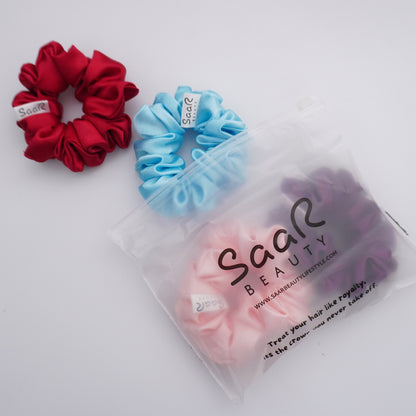 SaaR Beauty Premium Satin Scrunchies – Fluffy, Soft, and Silky for All Hair Types (Set of 4 in Wine Purple, Sky Blue, Peach, and Valentine Red)