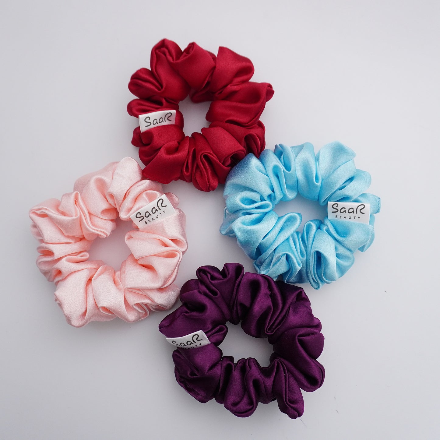 SaaR Beauty Premium Satin Scrunchies – Fluffy, Soft, and Silky for All Hair Types (Set of 4 in Wine Purple, Sky Blue, Peach, and Valentine Red)