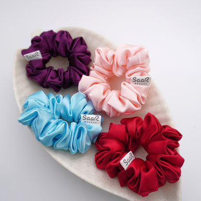 SaaR Beauty Premium Satin Scrunchies – Fluffy, Soft, and Silky for All Hair Types (Set of 4 in Wine Purple, Sky Blue, Peach, and Valentine Red)