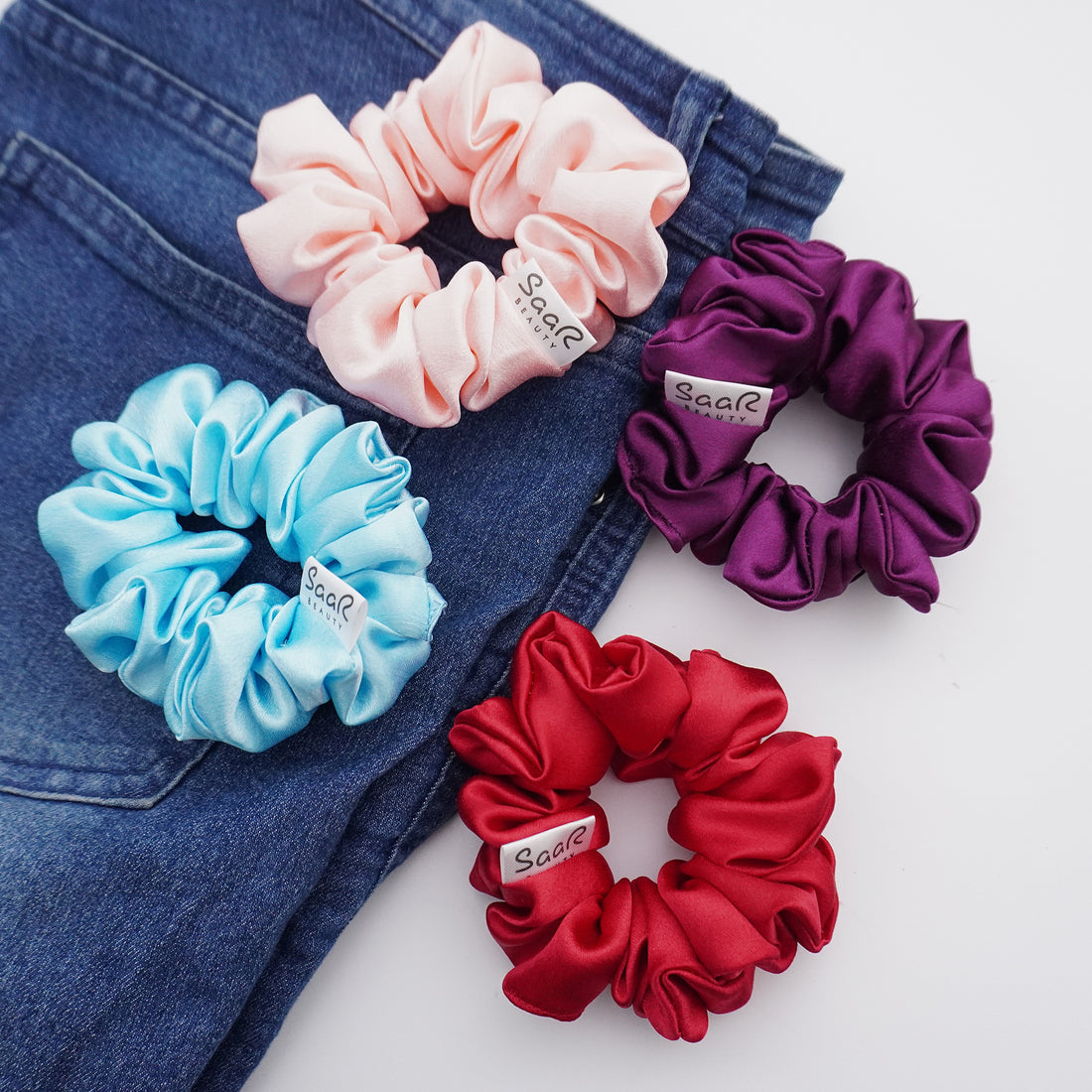 SaaR Beauty Premium Satin Scrunchies – Fluffy, Soft, and Silky for All Hair Types (Set of 4 in Wine Purple, Sky Blue, Peach, and Valentine Red) With SaaR Pouch