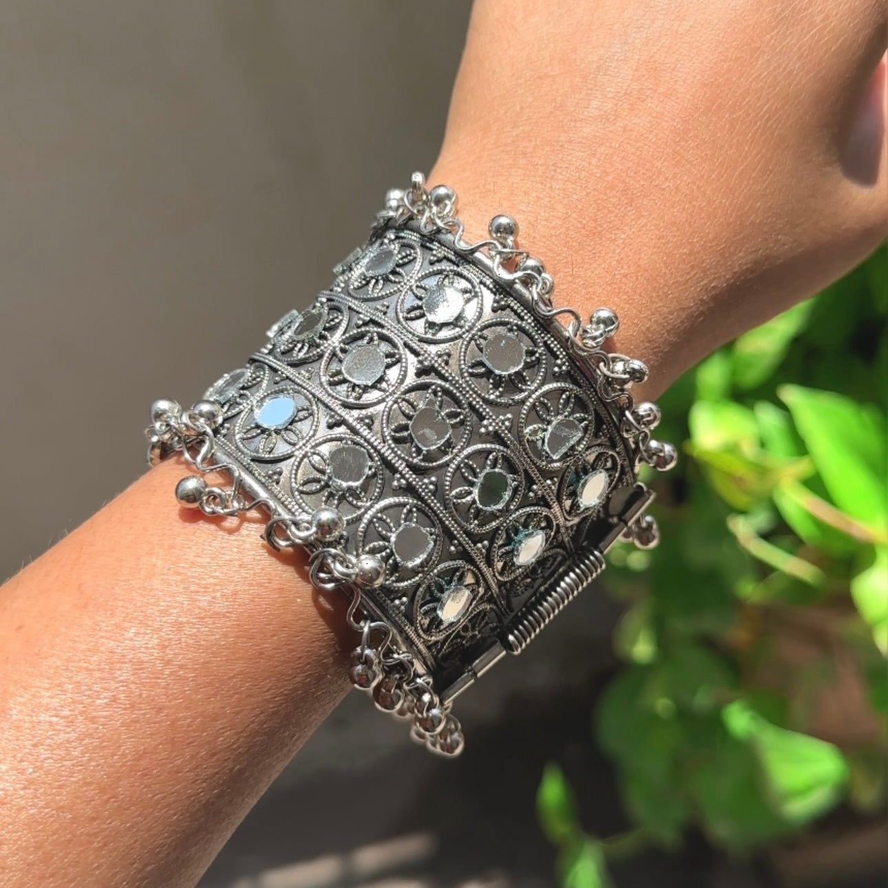 ROUND MIRROR OXIDISED KADA CUFF BRACELET TRADITIONAL BANJARA BOHO BANGLE