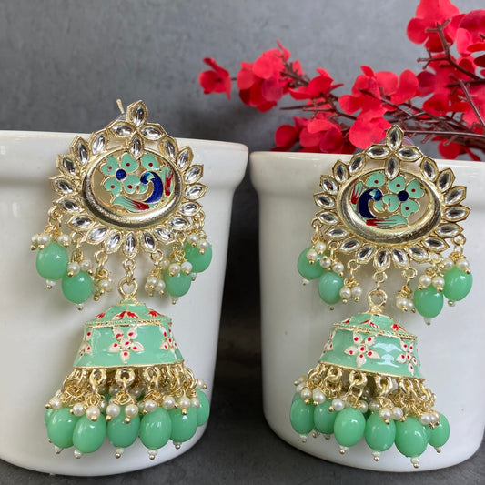 MEENAKARI SHYAMA PYARI JHUMKA EARRINGS - AQUA GREEN