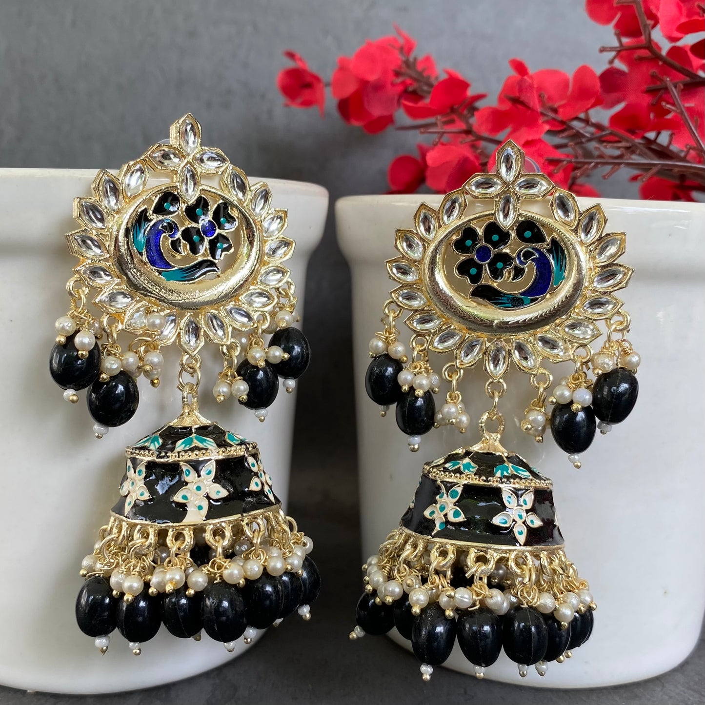 MEENAKARI SHYAMA PYARI JHUMKA EARRINGS - BLACK